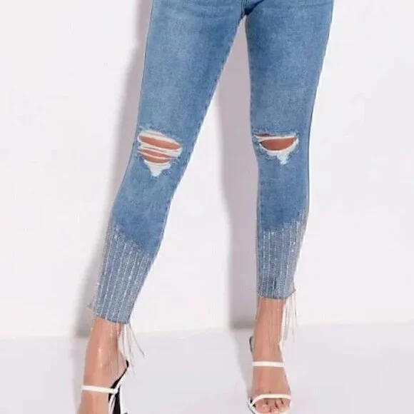 EUC - AKIRA Label Too Good High Waisted Rhinestone Fringe Skinny Jeans - Size 13 - Picture 6 of 15